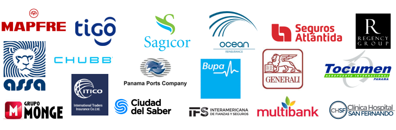 Logos de clientes: MAPFRE, Chubb, Generali, Bupa, Sagicor, ASSA, Seguros Atlántida, Ocean Re, Regency Group, Interamericana, ITICO, Tigo, Multibank, Grupo Monge, Panama Ports Company, Tocumen, Ciudad del Saber, Clínica Hospital San Fernando